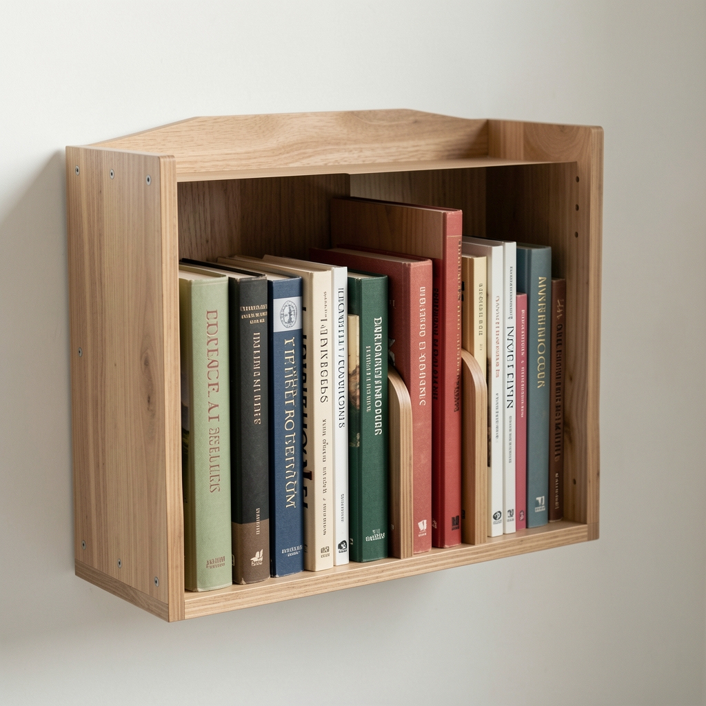 Accesorio modular para estantería de madera con separadores y libros alineados sin elementos humanos