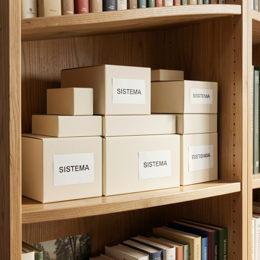 Sistema de cajas crema rotuladas para documentos y libros en una estantería de madera natural