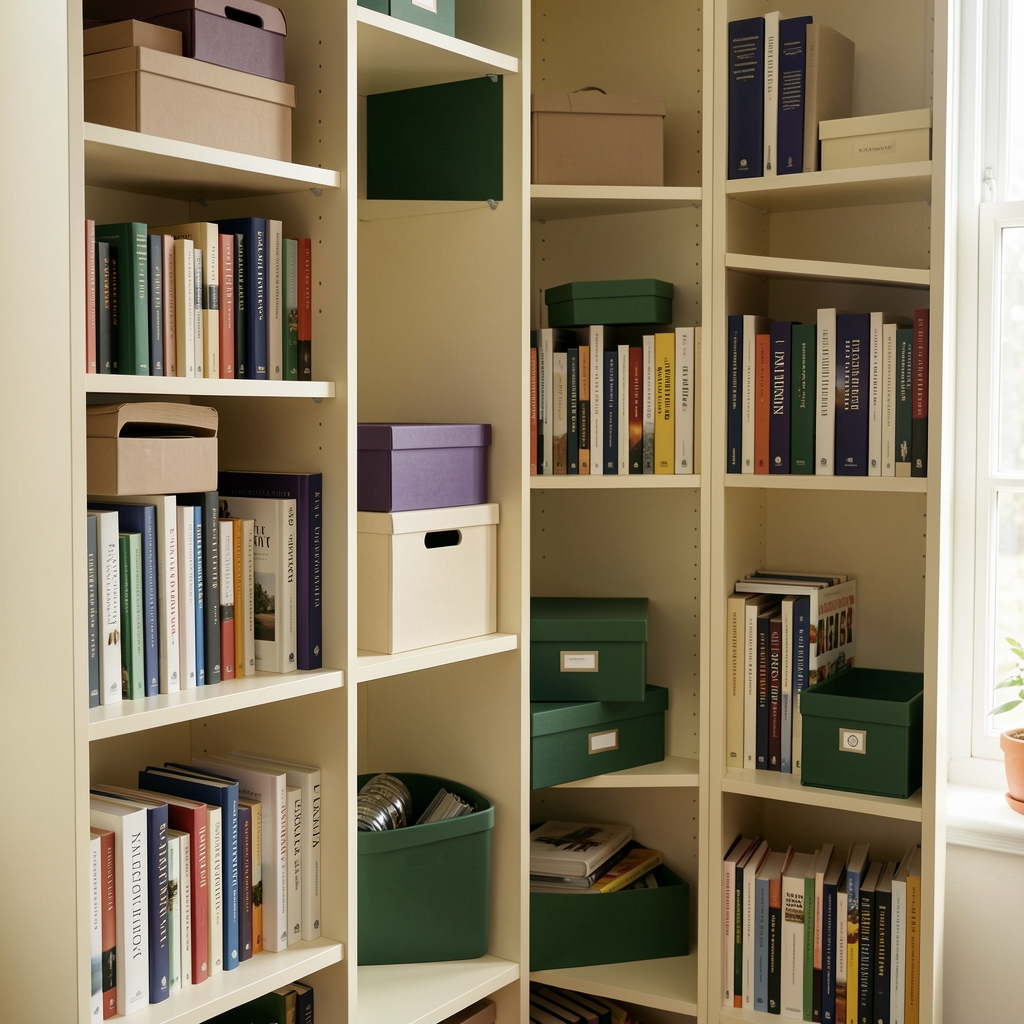 Biblioteca doméstica ordenada con libros, cajas y bandejas en paleta crema y verde salvia