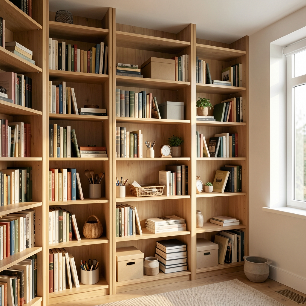 Biblioteca doméstica luminosa con estanterías de madera natural, libros ordenados y accesorios de archivo sin personas