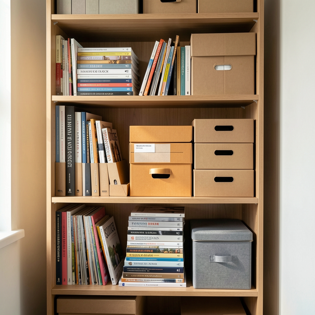 Estantería doméstica con libros, revistas y cajas de archivo organizadas por formato
