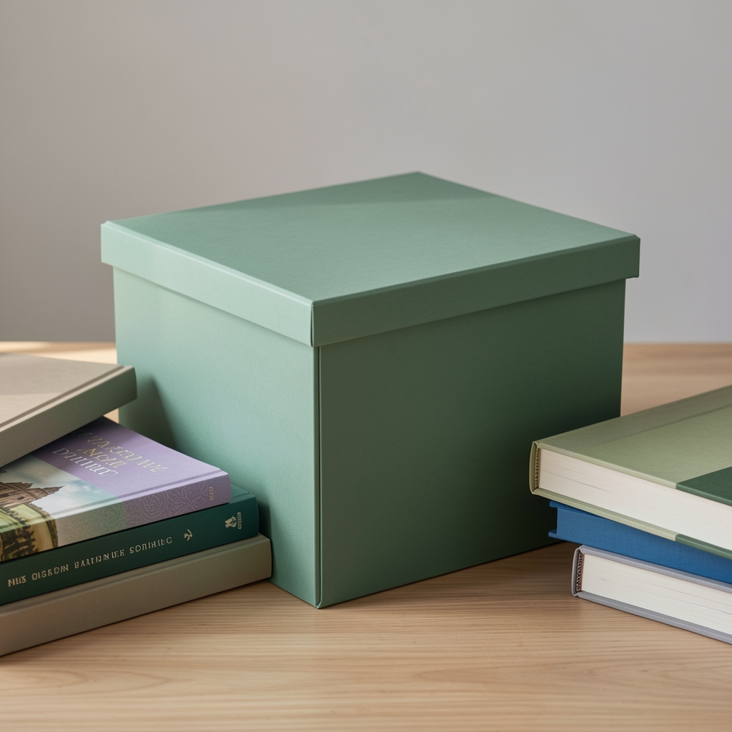 Caja para libros de cartón rígido verde salvia con tapa y libros de distintos tamaños alrededor
