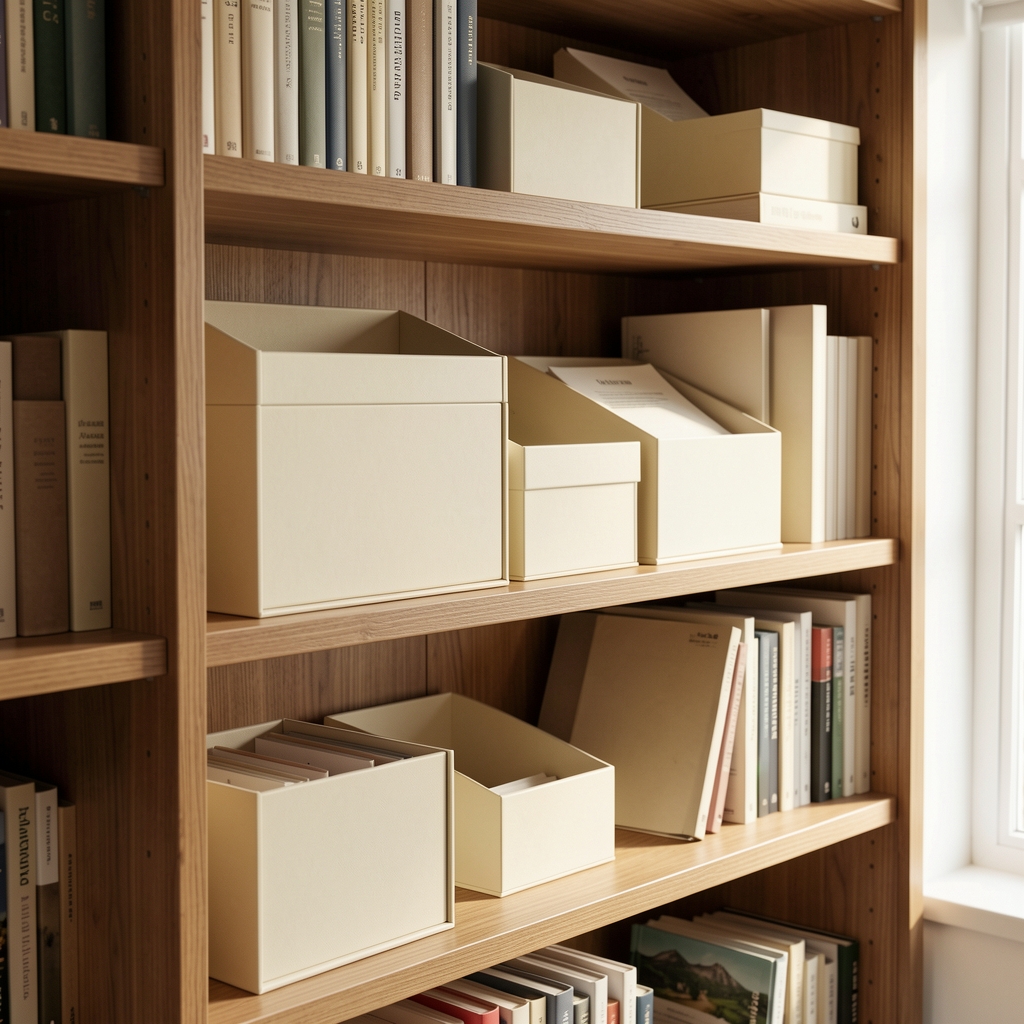 Cajas rígidas para libros y documentos en tonos crema y madera sobre estantería ordenada