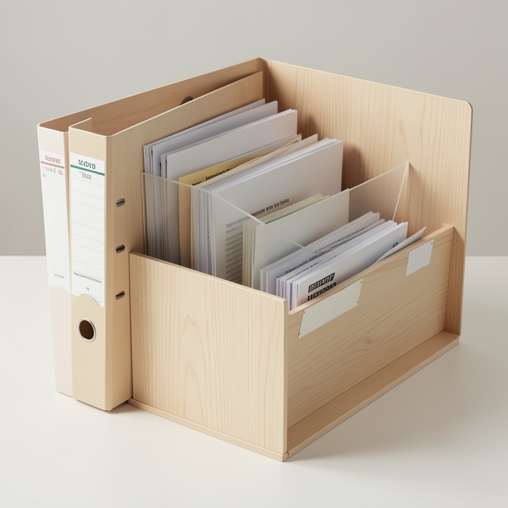 Carpeta archivadora A4 color madera clara con separadores interiores junto a documentos ordenados