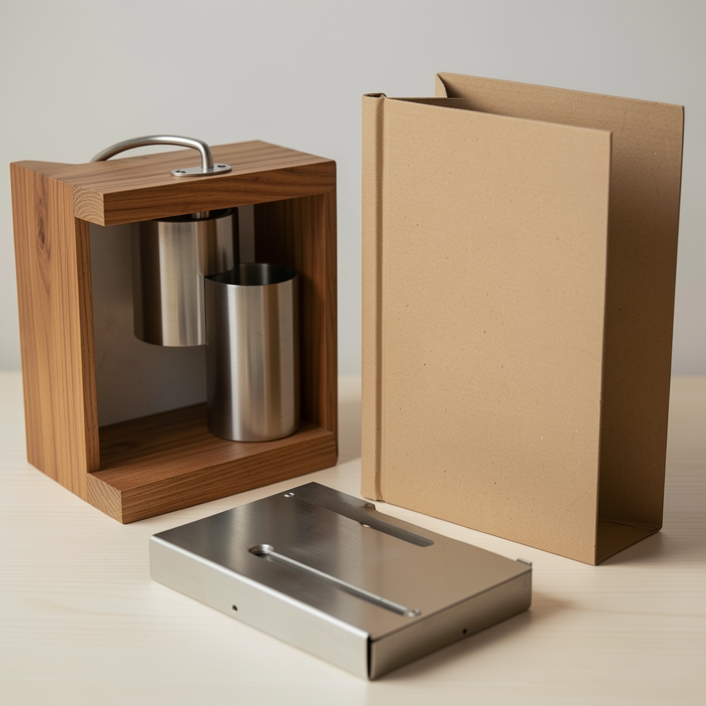 Tres accesorios de biblioteca de madera, metal y cartón rígido dispuestos para comparar materiales