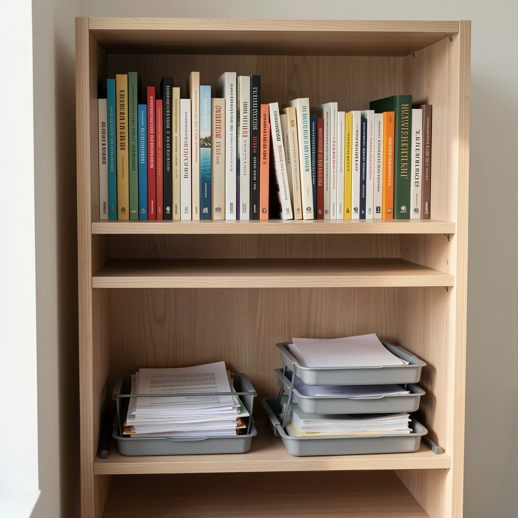 Estantería pequeña con libros verticales, bandejas para documentos y espacios medidos cuidadosamente