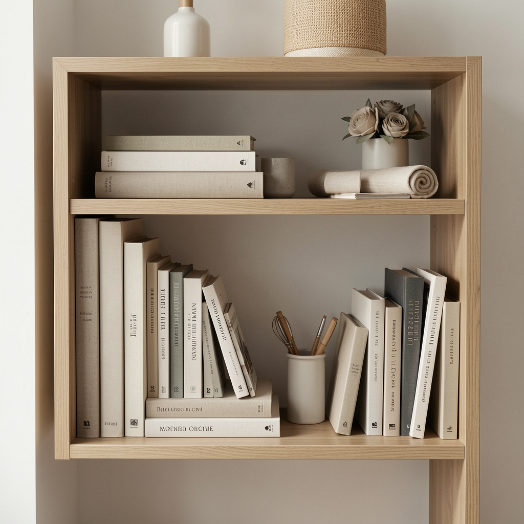 Estantería pequeña con libros agrupados por tamaño y accesorios de organización en tonos neutros