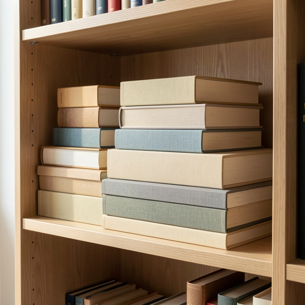 Cajas rígidas para libros de distintos tamaños apiladas en una estantería de madera clara