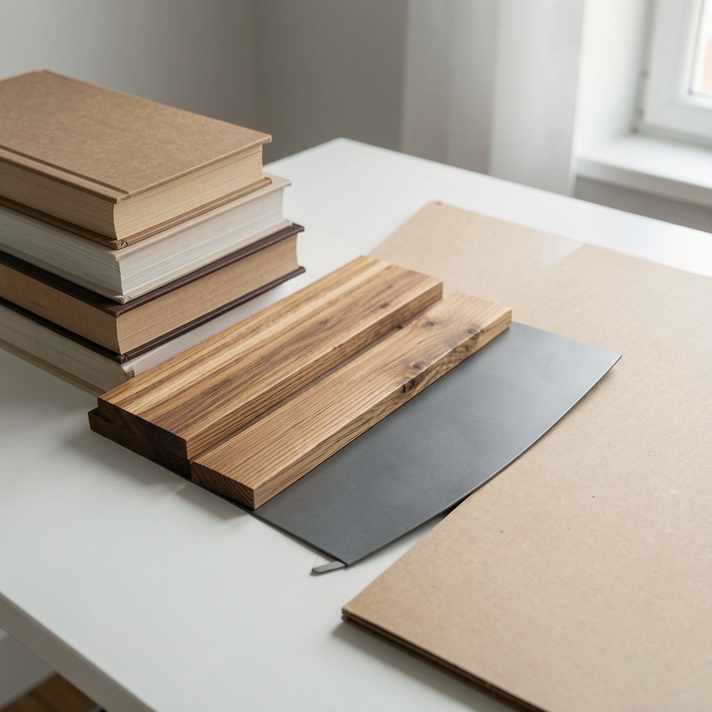 Muestras de madera natural, metal grafito y cartón rígido junto a libros sobre una mesa clara