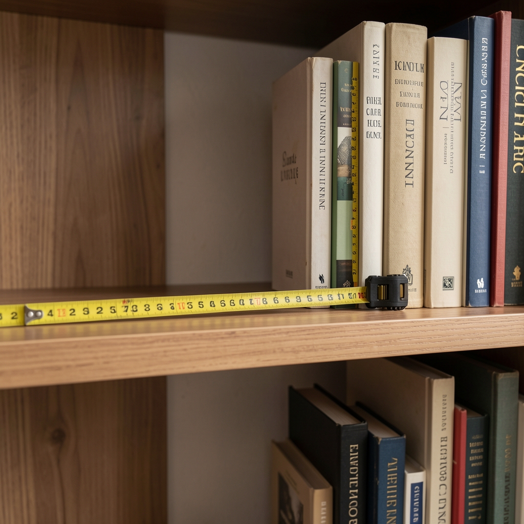 Cinta métrica sobre un estante de madera midiendo el espacio libre junto a libros ordenados