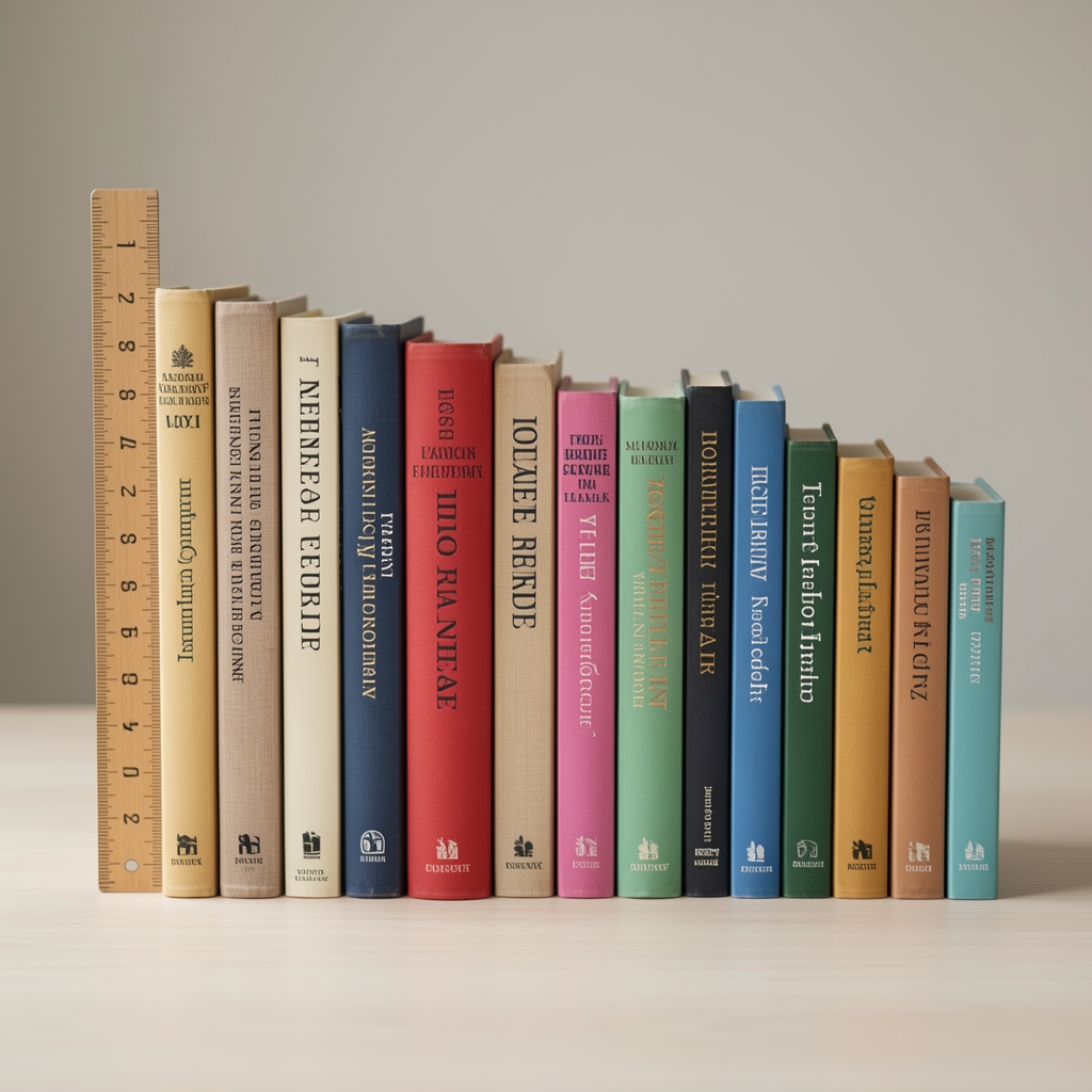 Libros de distintos tamaños alineados junto a una regla para calcular el ancho total de la colección