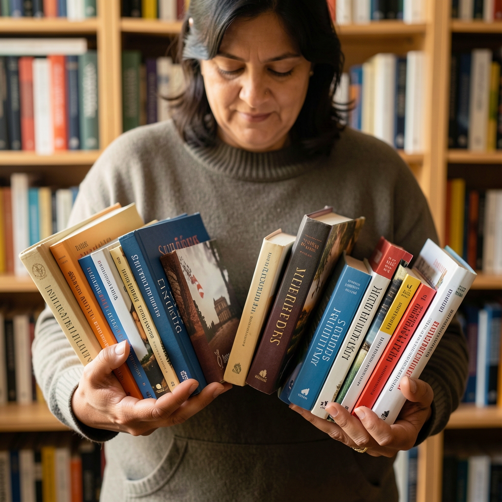 Sujetalibros de diferentes tamaños sosteniendo colecciones pequeñas y grandes de libros