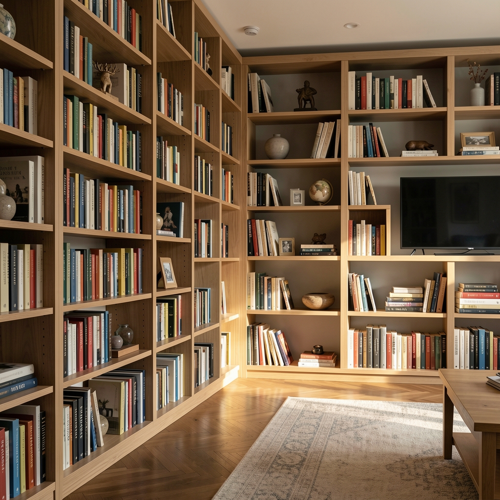 Biblioteca doméstica de piso a techo con libros ordenados por altura y accesorios de estantería