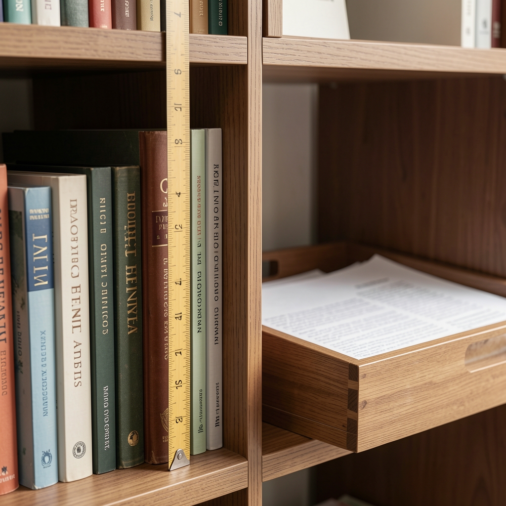 Detalle de estante de madera medido con regla junto a libros y una bandeja para documentos