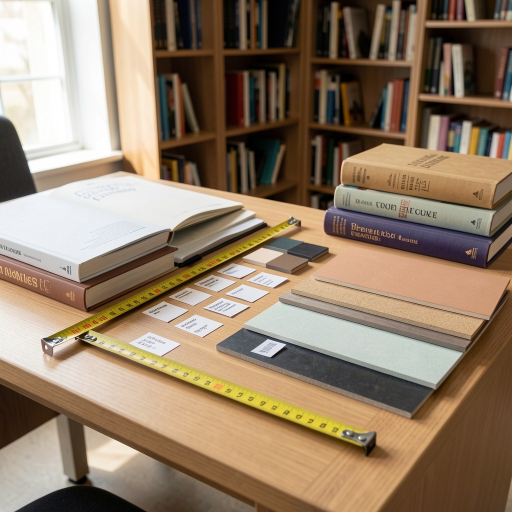 Mesa de planificación con cinta métrica, etiquetas, libros y muestras de materiales para organizar una biblioteca