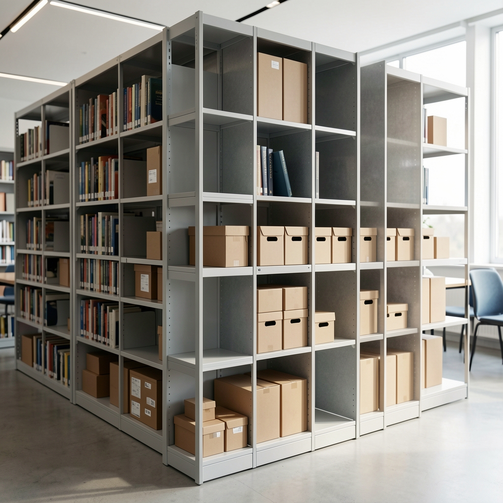 Módulo vertical de biblioteca con separadores y cajas alineadas sin saturación