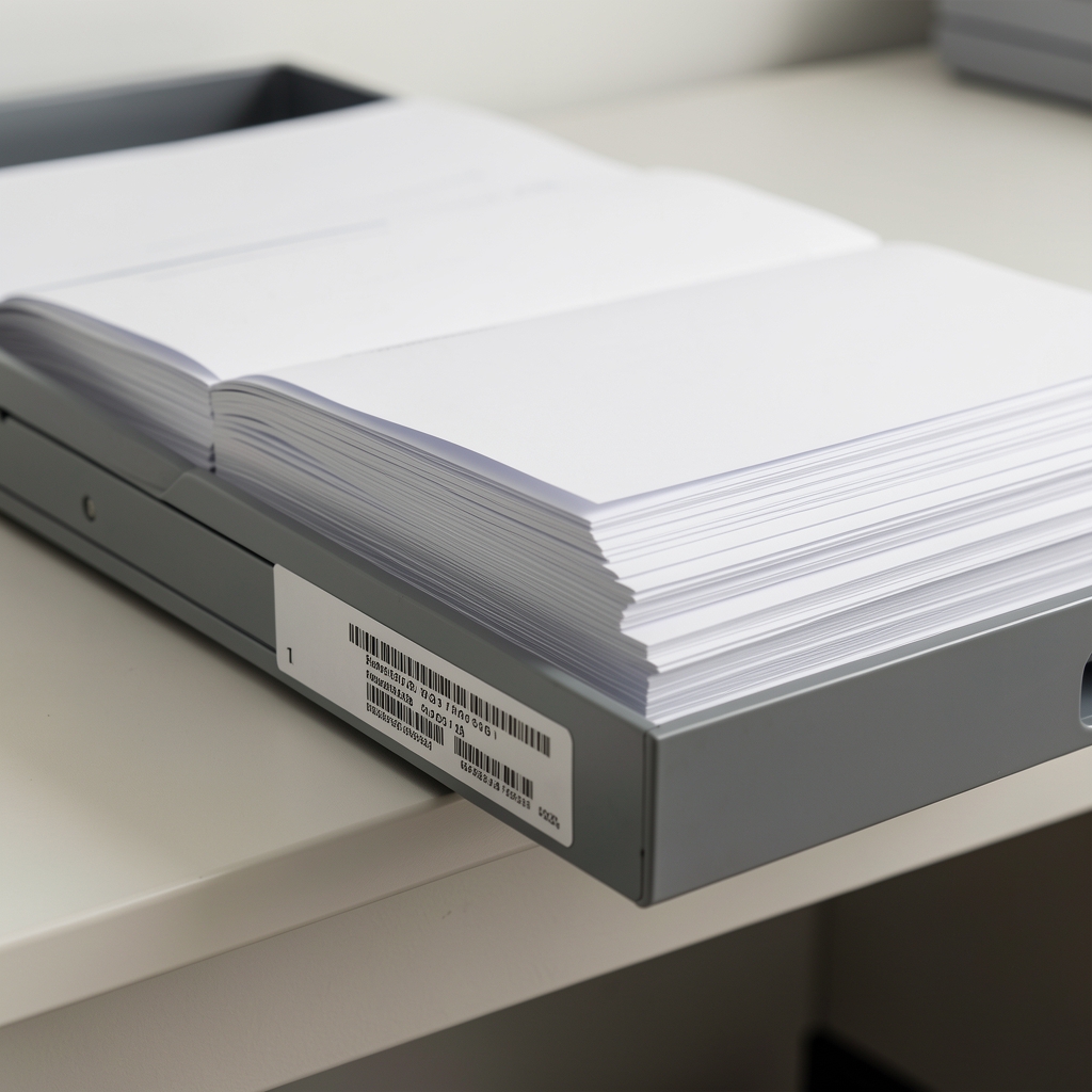 Detalle de un nivel de la bandeja para documentos con hojas A4 ordenadas y etiqueta lateral