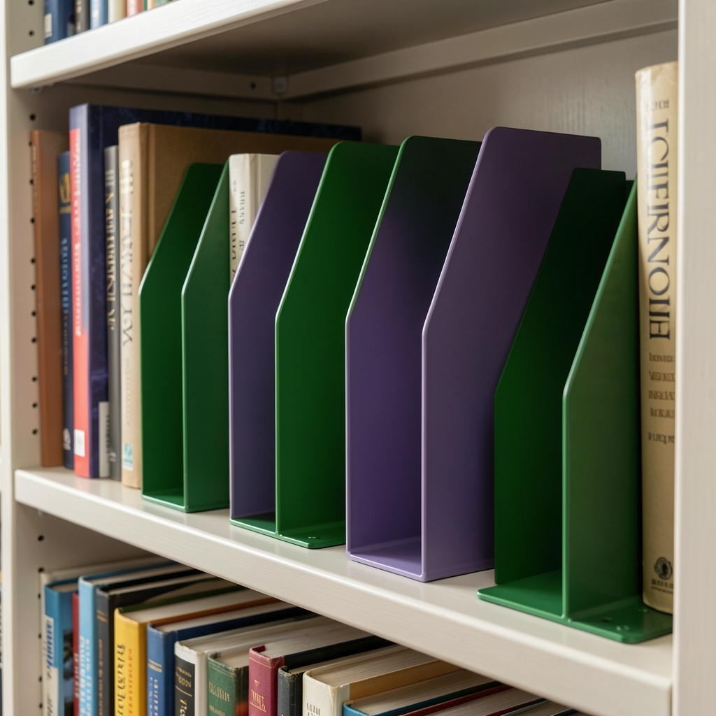 Set de cinco separadores de metal calado en color verde salvia dividiendo libros por categoría en un estante