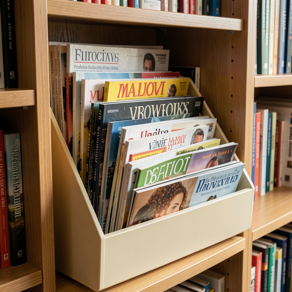 Revistas argentinas ordenadas verticalmente en organizadores crema dentro de una biblioteca doméstica