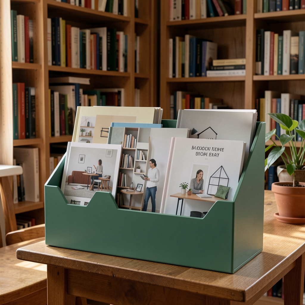 Organizador de revistas verde salvia con publicaciones de diseño en una biblioteca doméstica
