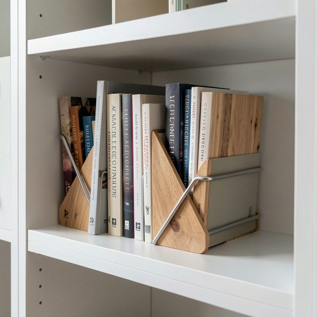 Colección de sujetalibros de madera y metal sosteniendo libros sobre una estantería clara