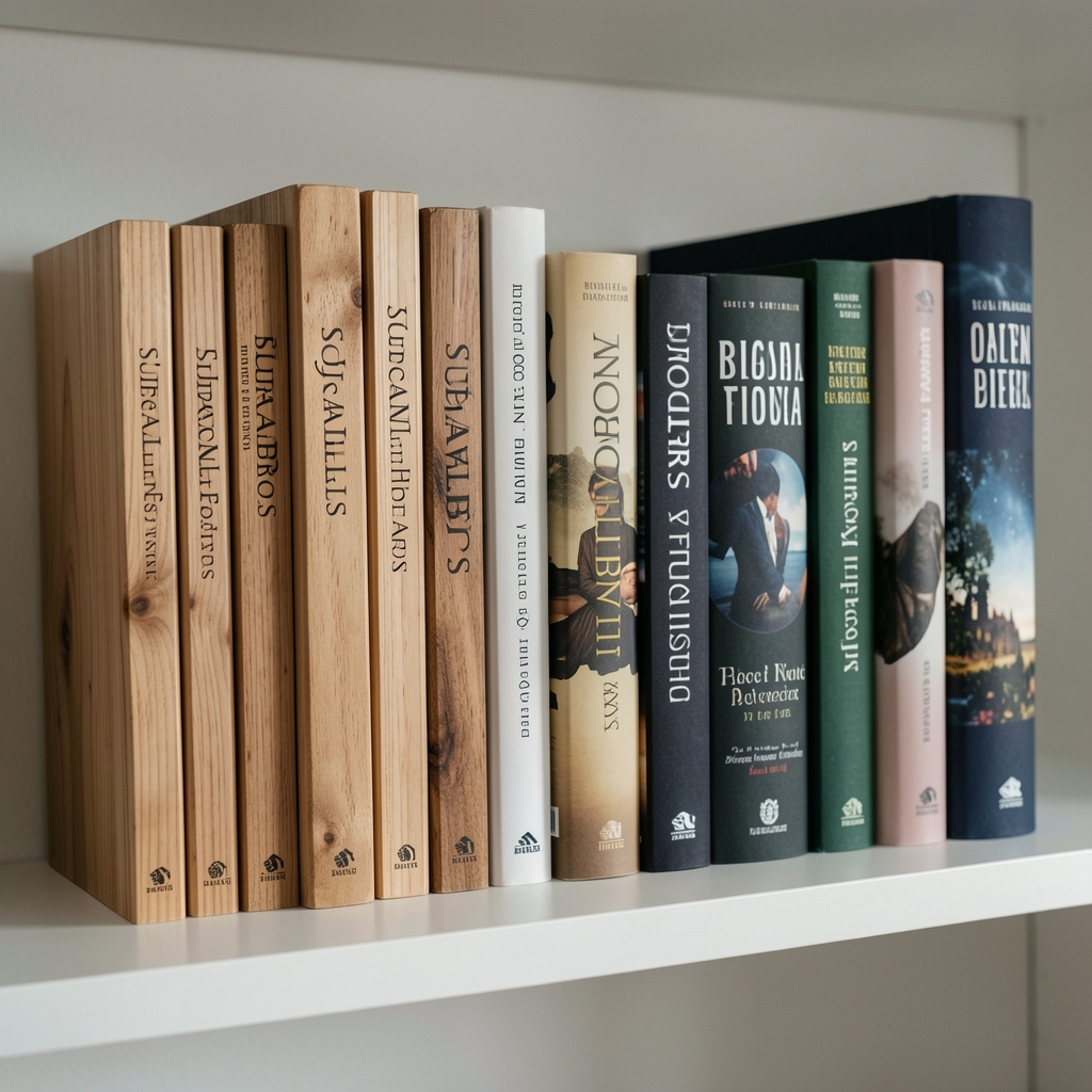 Sujetalibros de madera natural junto a novelas de tapa dura en una repisa clara