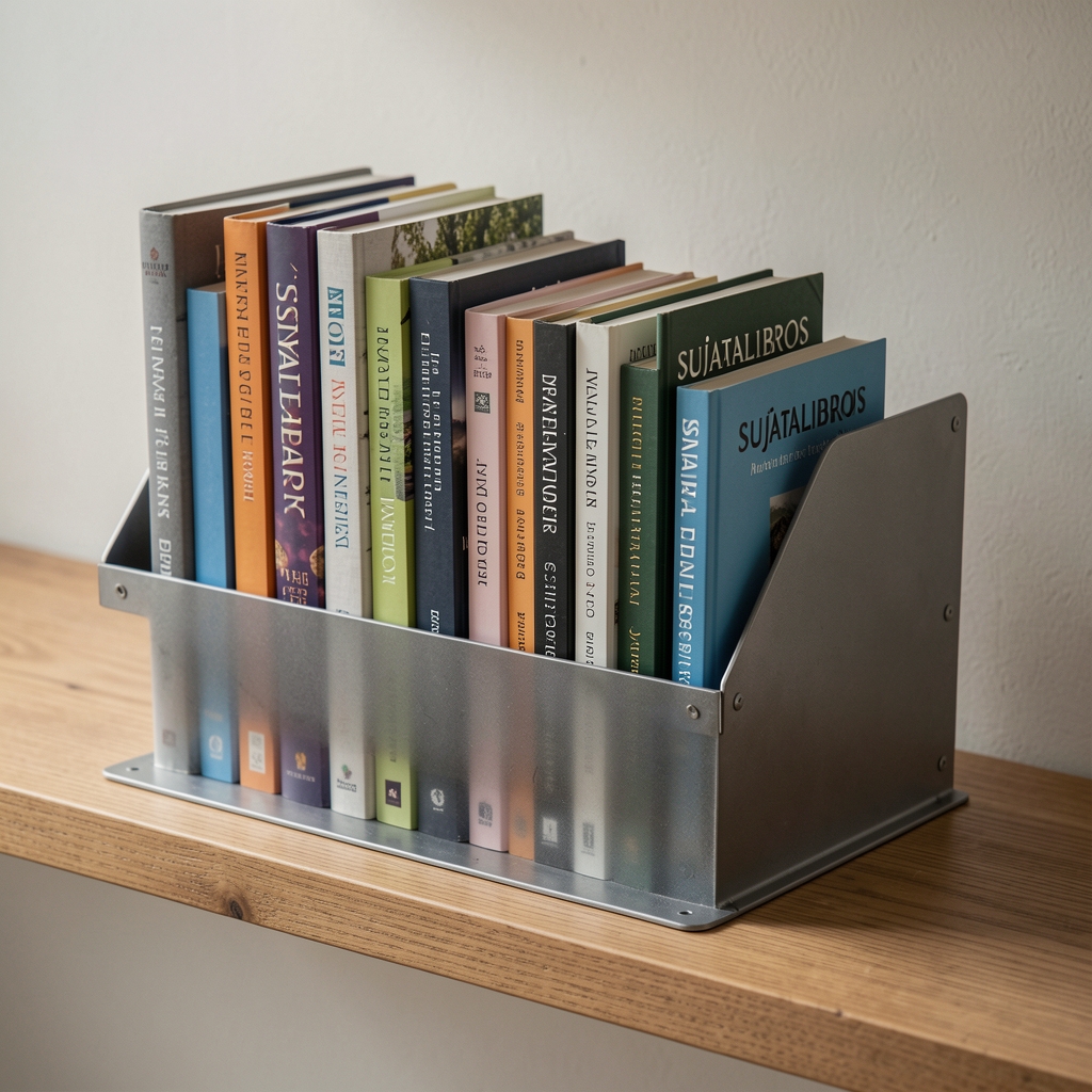 Sujetalibros de metal grafito con base amplia sosteniendo una colección de libros sobre repisa de madera