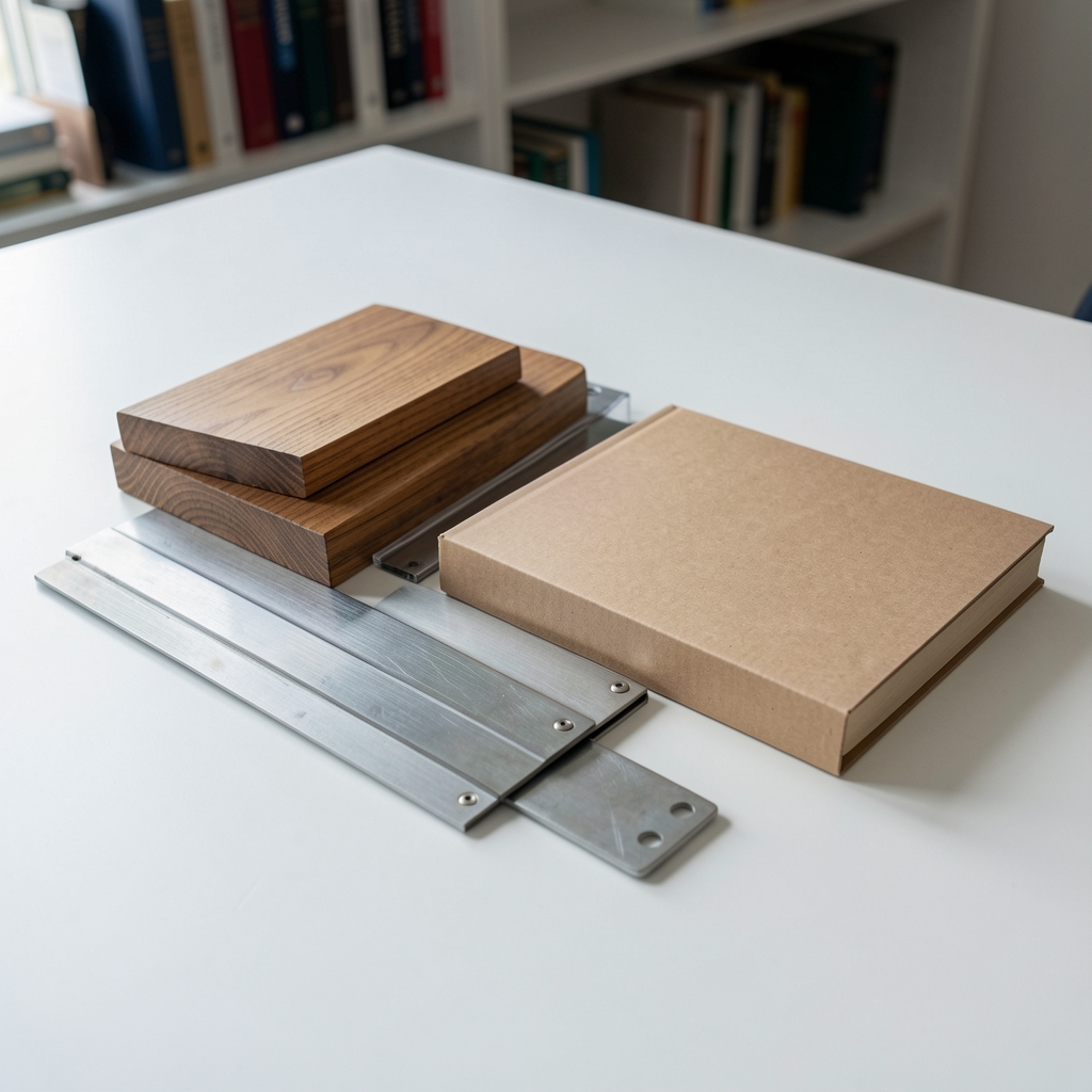 Composición de materiales de biblioteca, madera, metal y cartón rígido sobre mesa clara sin personas